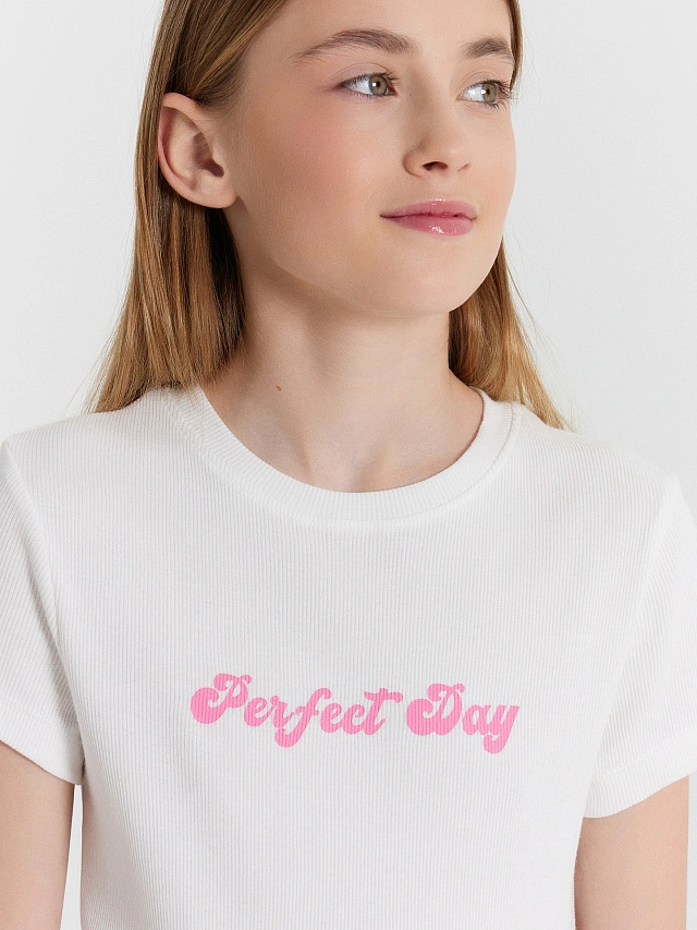 Футболка для девочек белая с принтом в виде надписи  "Perfect day" - 5