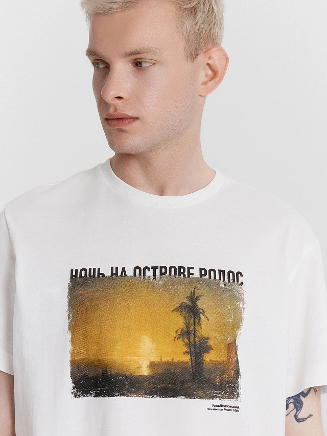 Футболка мужская белая с принтом в виде картины "Ночь на острове Родос, Иван Айвазовский" - 5