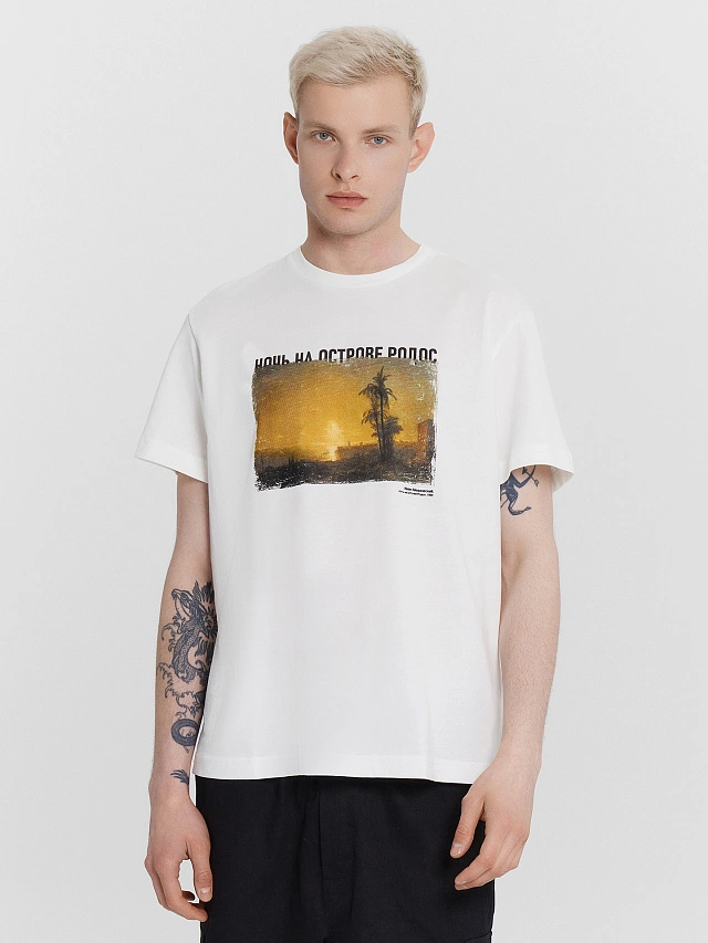 Футболка мужская белая с принтом в виде картины "Ночь на острове Родос, Иван Айвазовский" - 2