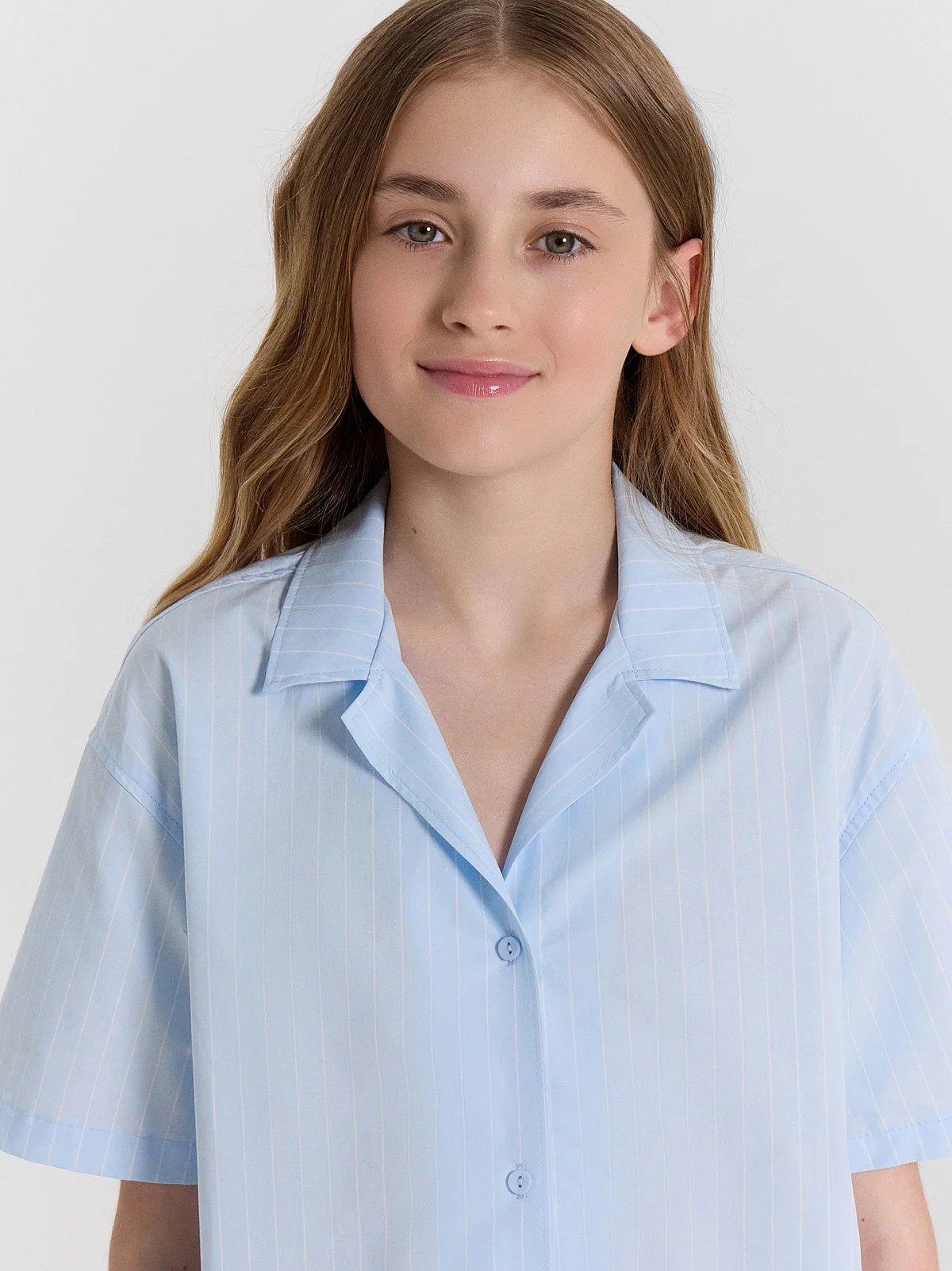 Рубашка для девочек голубая в полоску - 4