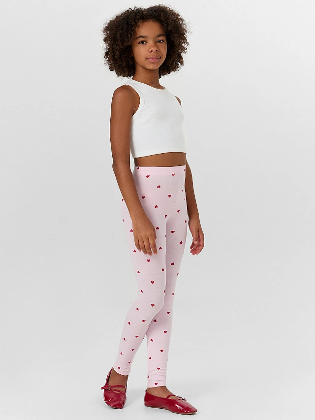 Легинсы для девочек розовые с принтом "сердечки" - 3