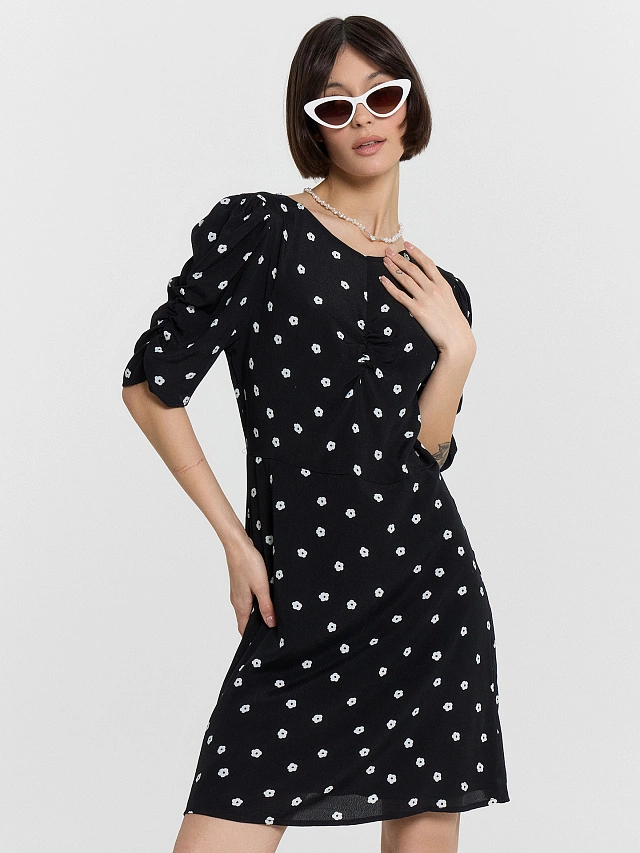 Платье женское черное с цветочным принтом - 9