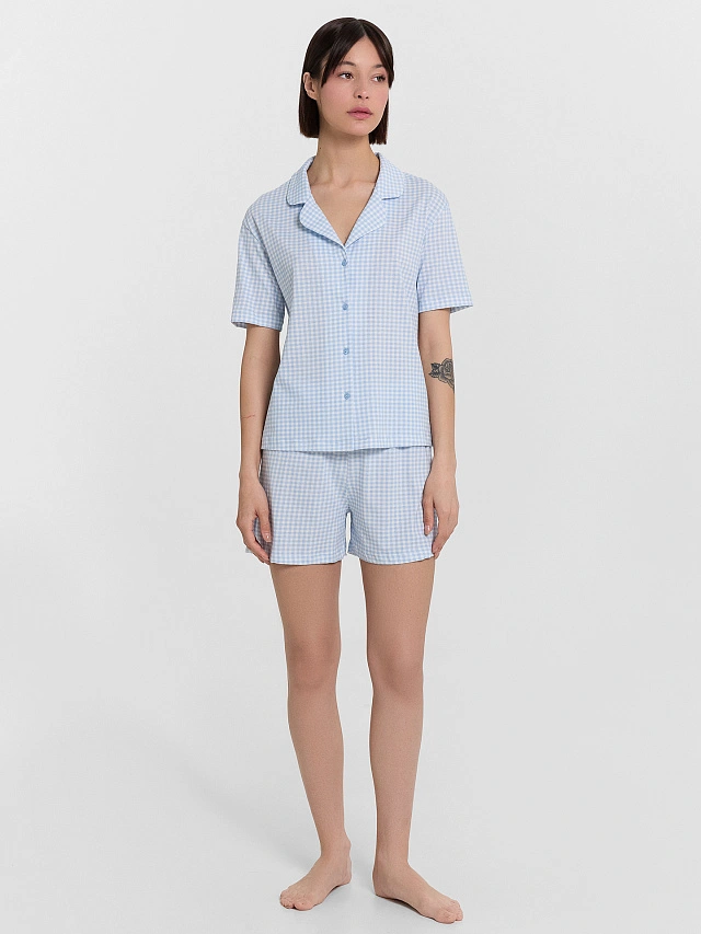 Комплект домашний женский голубой в клетку - 1