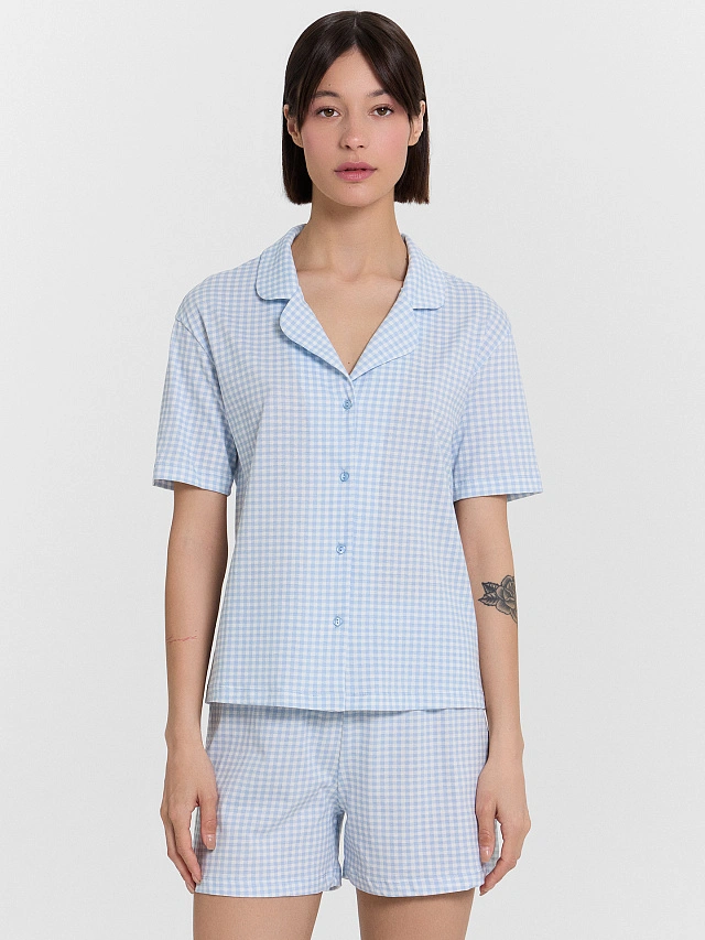 Комплект домашний женский голубой в клетку - 3