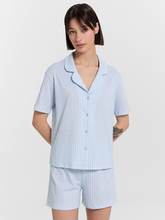 Комплект домашний женский голубой в клетку - 8