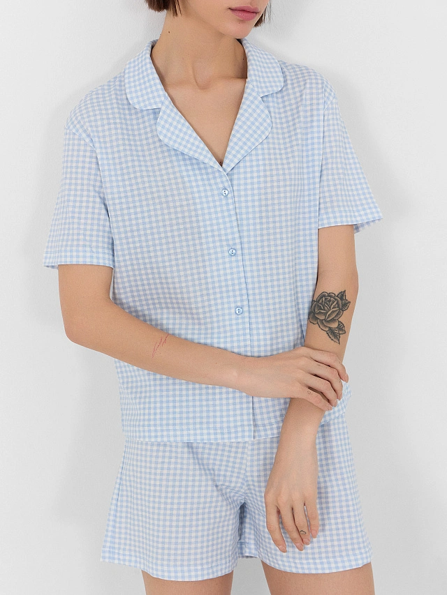 Комплект домашний женский голубой в клетку - 9