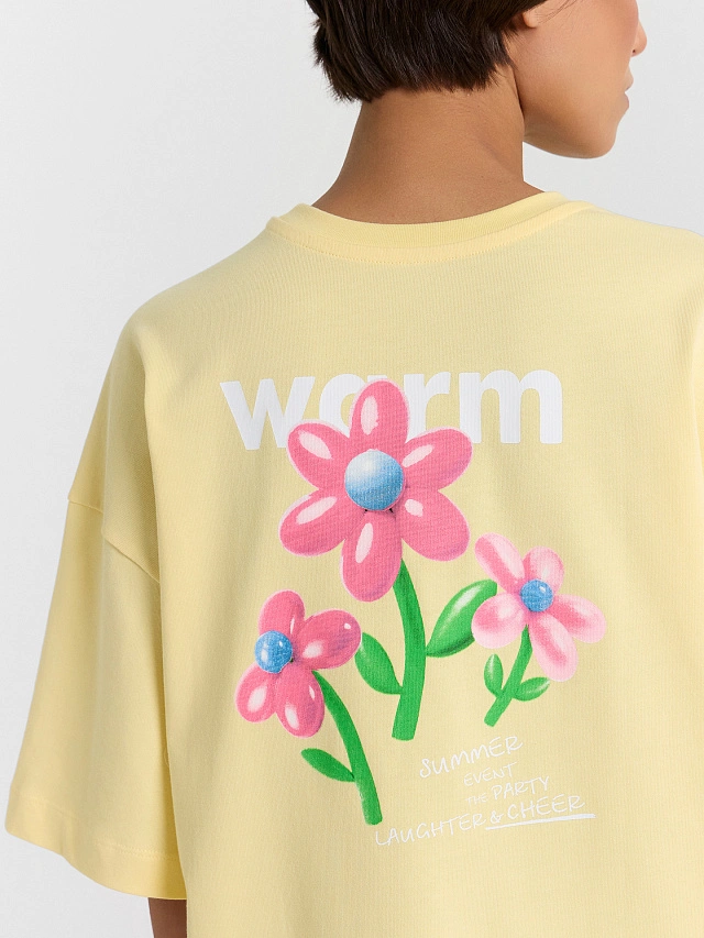 Футболка женская желтая с принтом и надписью "Warm" - 5