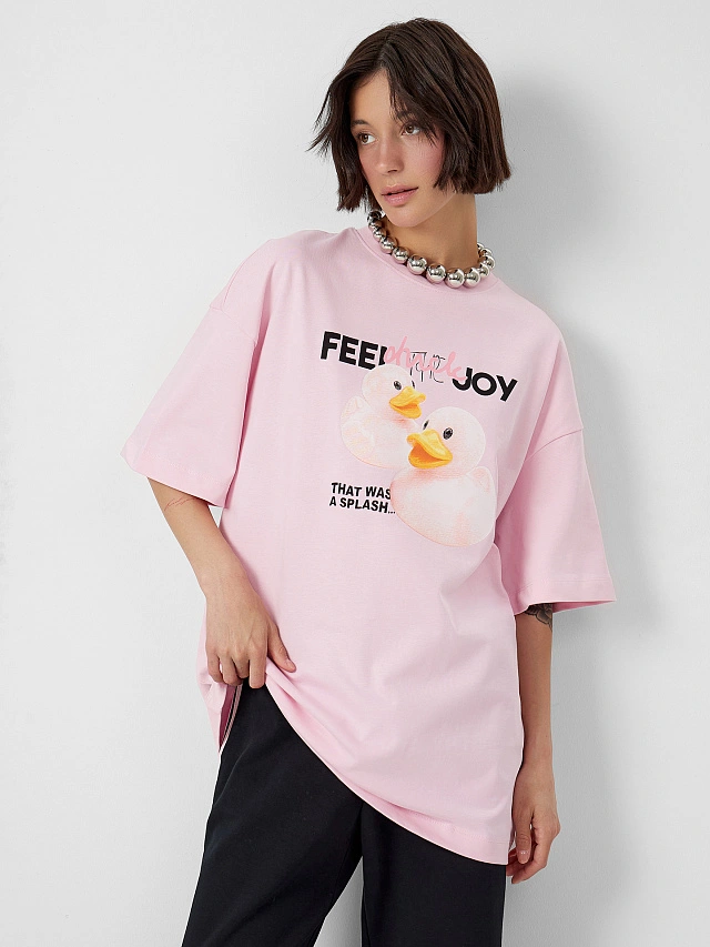 Футболка женская розовая с принтом и надписью "feel the joy" - 5
