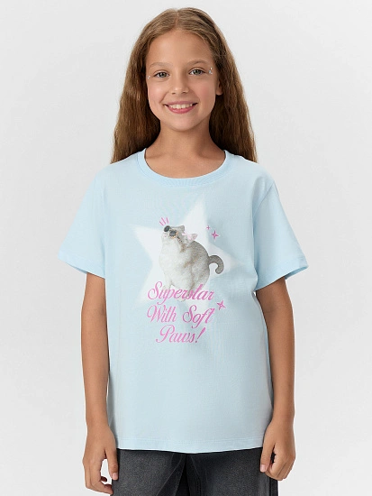 картинка Футболка для девочек голубая с принтом и надписью "superstar" от известного бренда одежды для девочек Mark Formelle