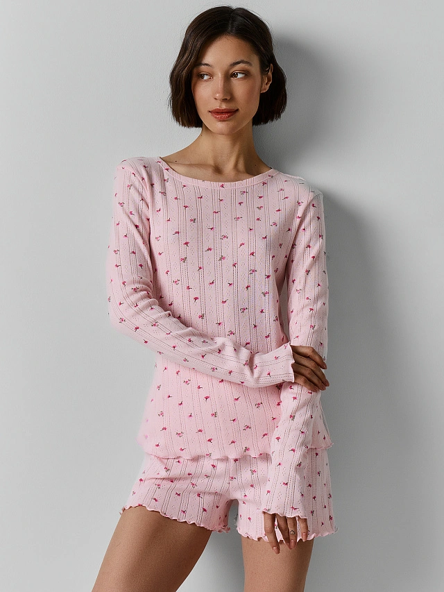 Комплект домашний женский розовый с принтом цветочки - 4