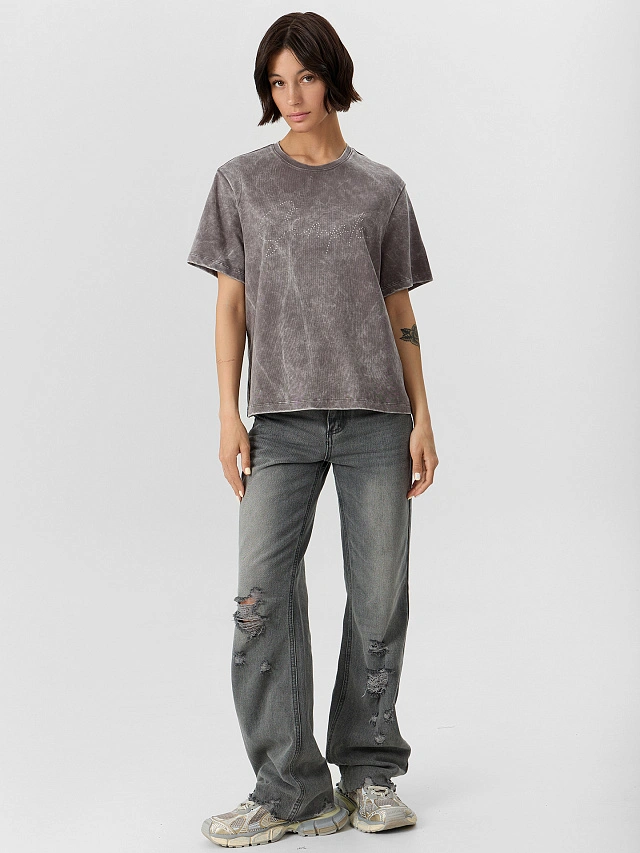 Футболка женская серая со стразами - 4