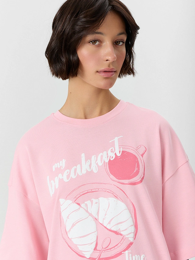 Футболка женская розовая с надписью "my breakfast time" - 5