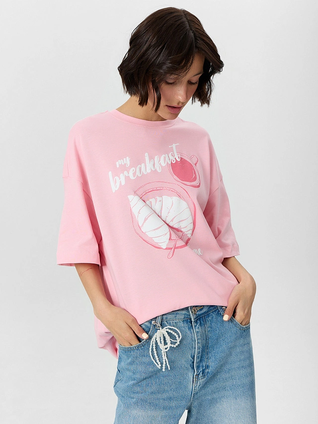 Футболка женская розовая с надписью "my breakfast time" - 6