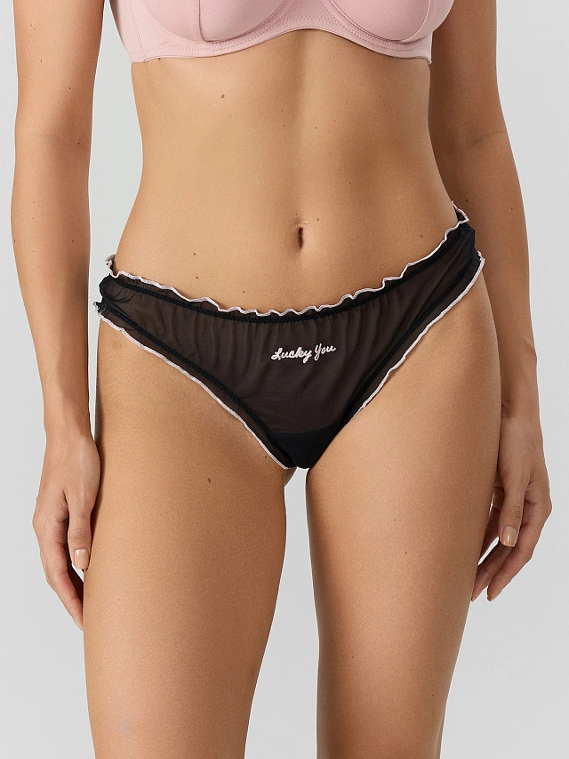 Трусы бразилиана черные из сеточки с надписью "Lucky you" - 3