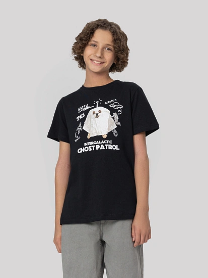 картинка Футболка для мальчиков черная с принтом  от магазина одежды для мальчиков от бренда Mark Formelle