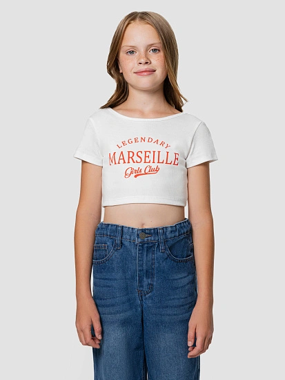 картинка Топ для девочек укороченный белый с надписью "Marseille" от известного бренда одежды для девочек Mark Formelle