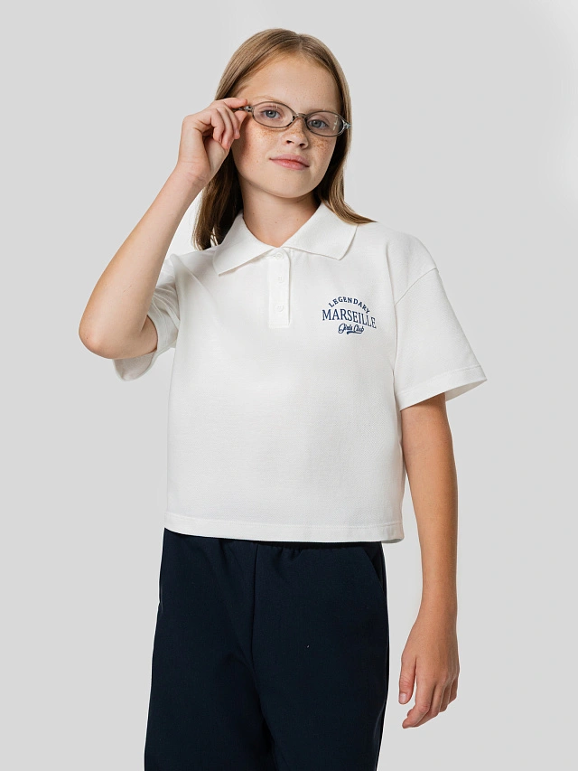 Поло для девочек белое с надписью "Marseille" - 7
