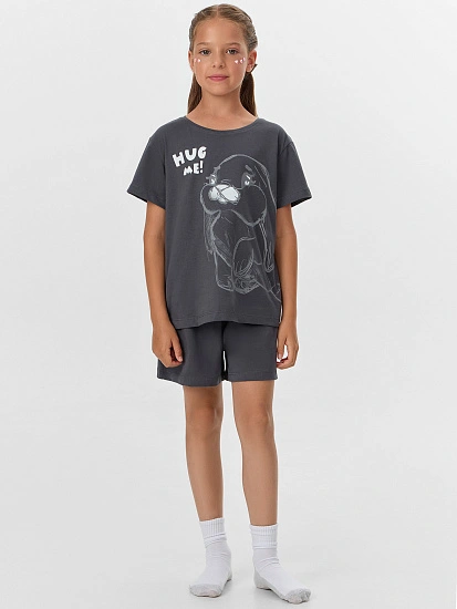картинка Комплект домашний для девочек серый с принтом и надписью "Hug me" от известного бренда одежды для девочек Mark Formelle