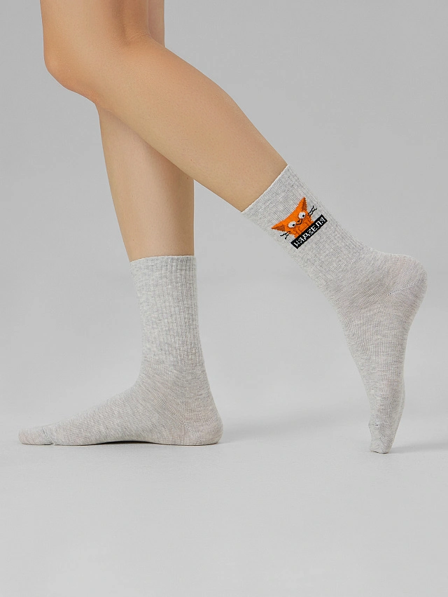 Носки женские серые с рисунком в виде котика с надписью - 3