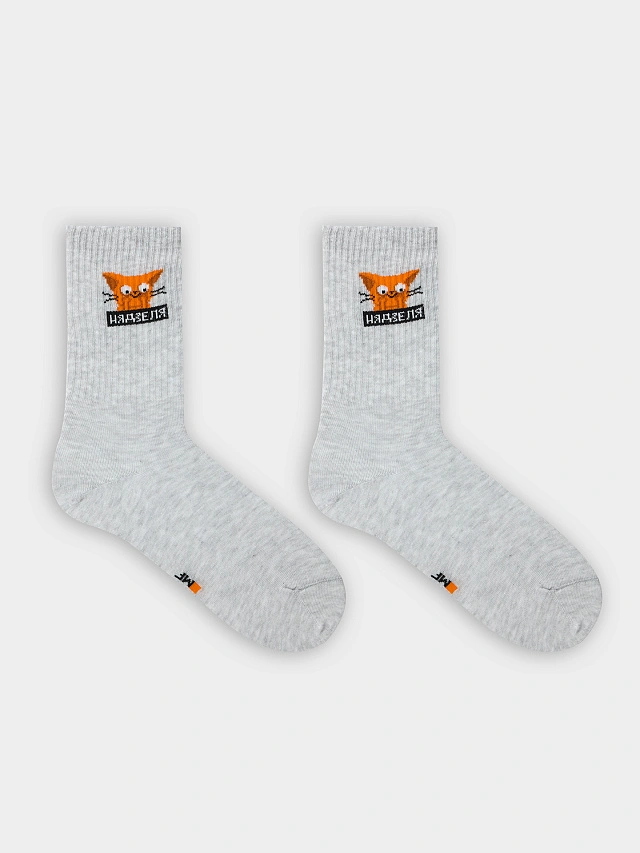 Носки женские серые с рисунком в виде котика с надписью - 6