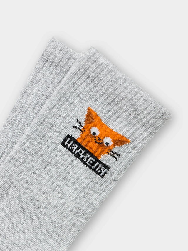 Носки женские серые с рисунком в виде котика с надписью - 7