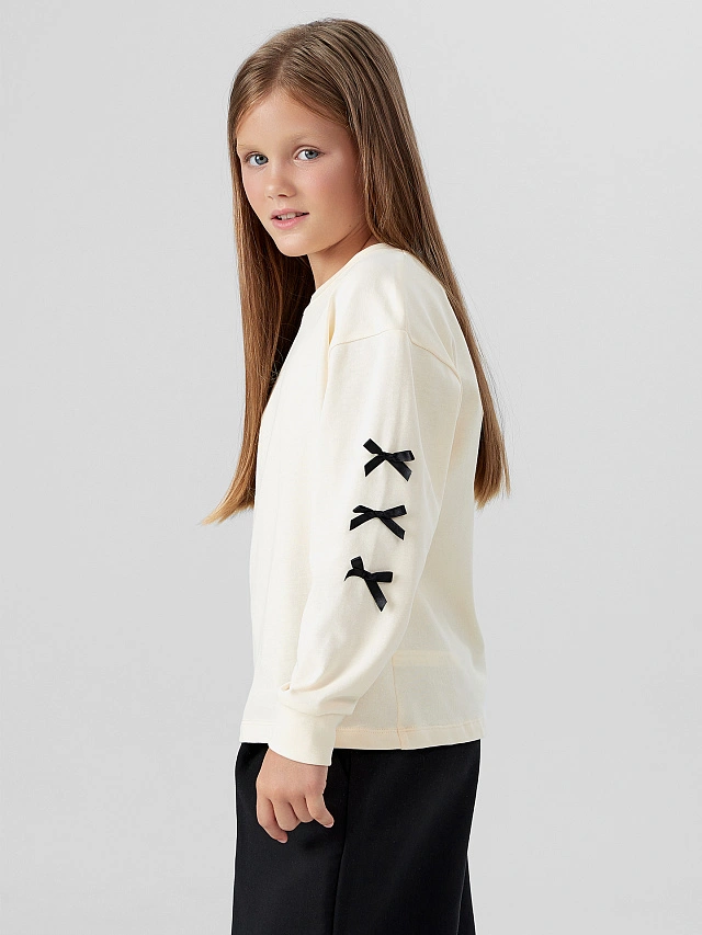 Лонгслив для девочек молочный с бантиками - 3