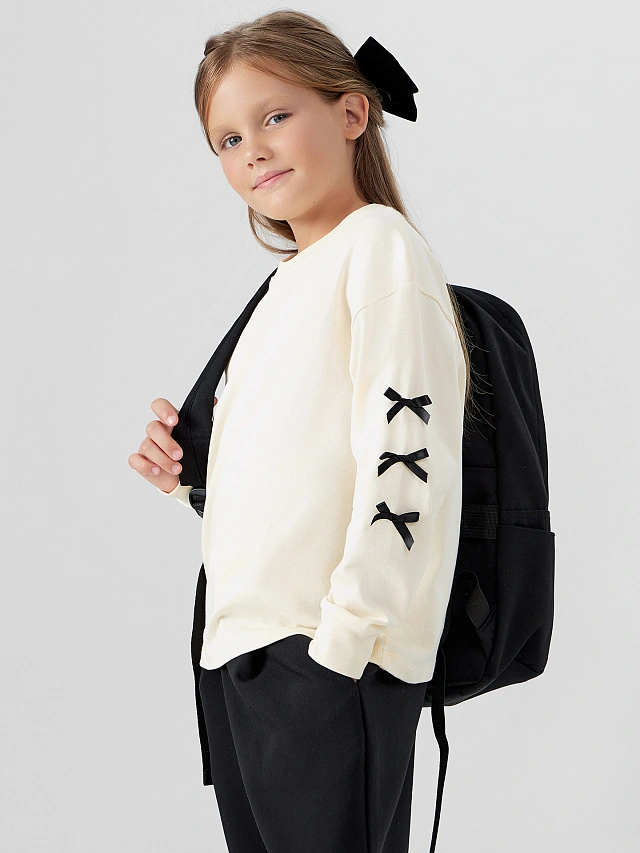 Лонгслив для девочек молочный с бантиками - 8