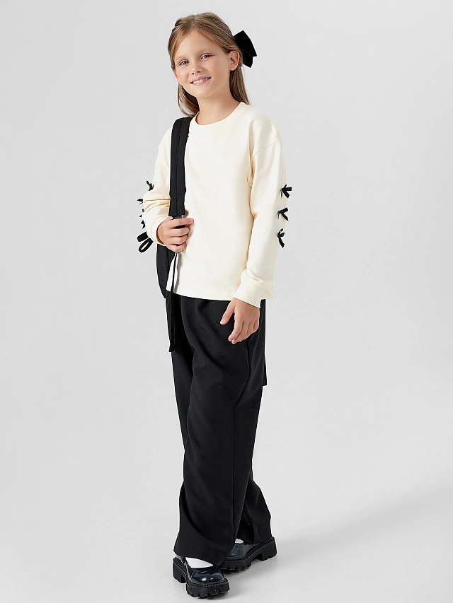 Лонгслив для девочек молочный с бантиками - 9