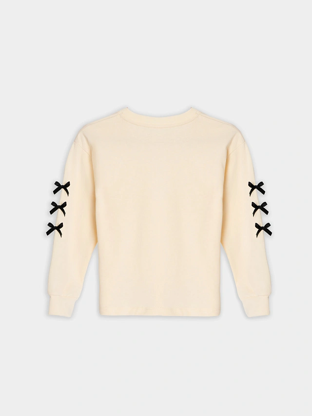 Лонгслив для девочек молочный с бантиками - 12