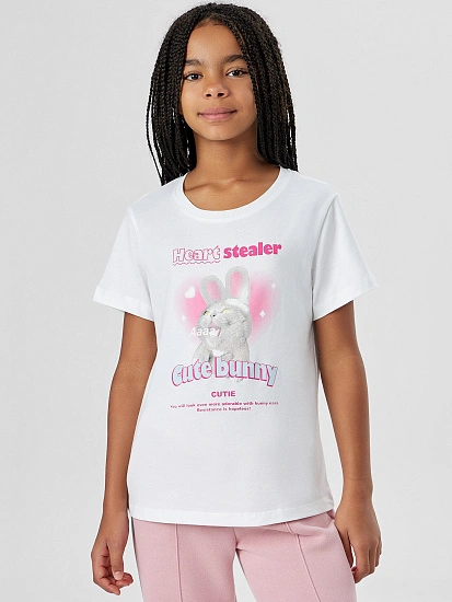 картинка Футболка для девочек белая с принтом "cute bunny" от известного бренда одежды для девочек Mark Formelle