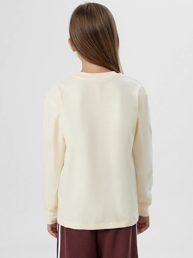 Лонгслив для девочек кремовый с принтом и надписью "Paw friends" - 3