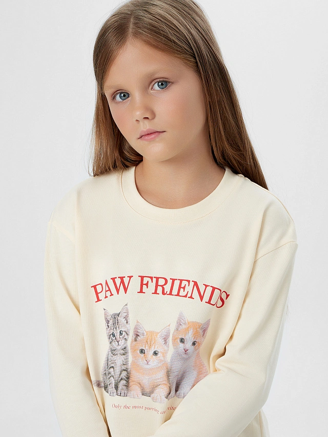 Лонгслив для девочек кремовый с принтом и надписью "Paw friends" - 5
