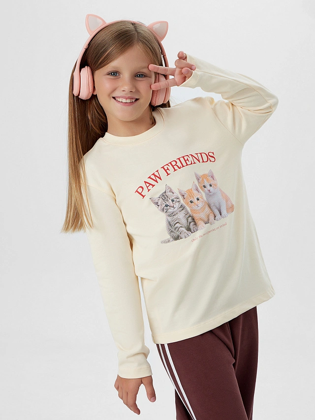 Лонгслив для девочек кремовый с принтом и надписью "Paw friends" - 6