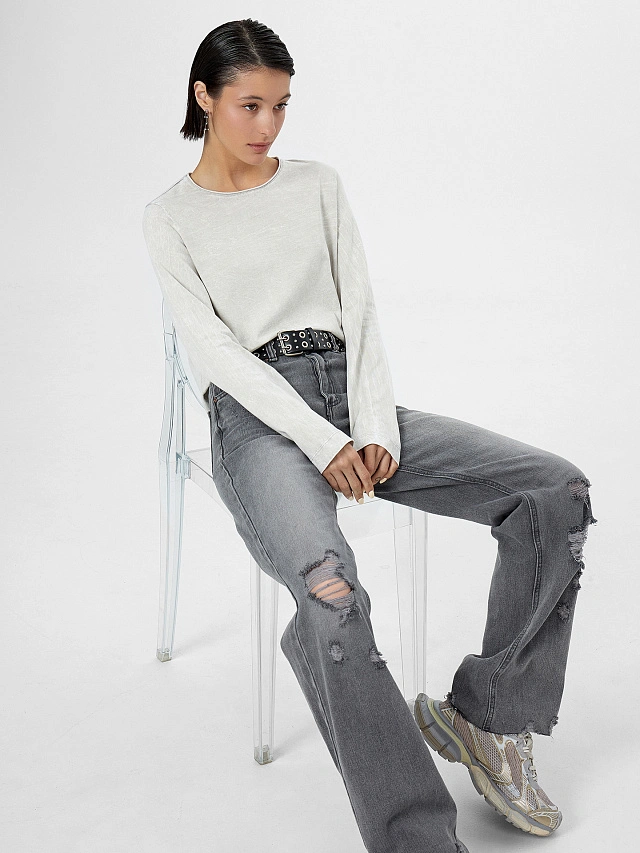 Лонгслив женский серый с обработкой эйсид - 8