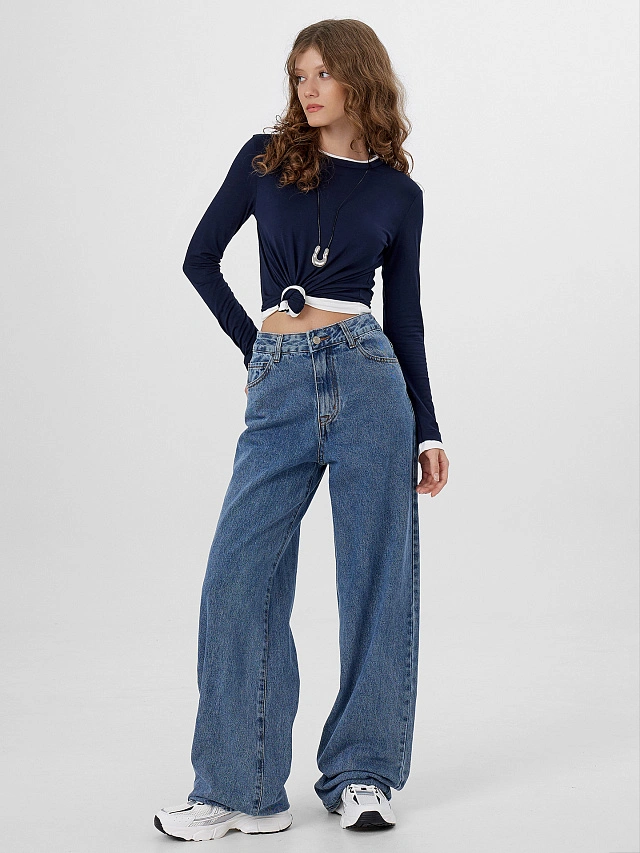 Джинсы женские Wide leg fit синие - 9