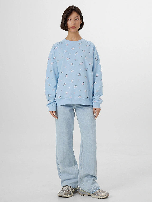 Свитшот женский голубой с цветочным принтом - 4
