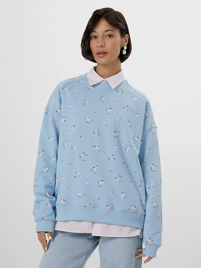 Свитшот женский голубой с цветочным принтом - 7