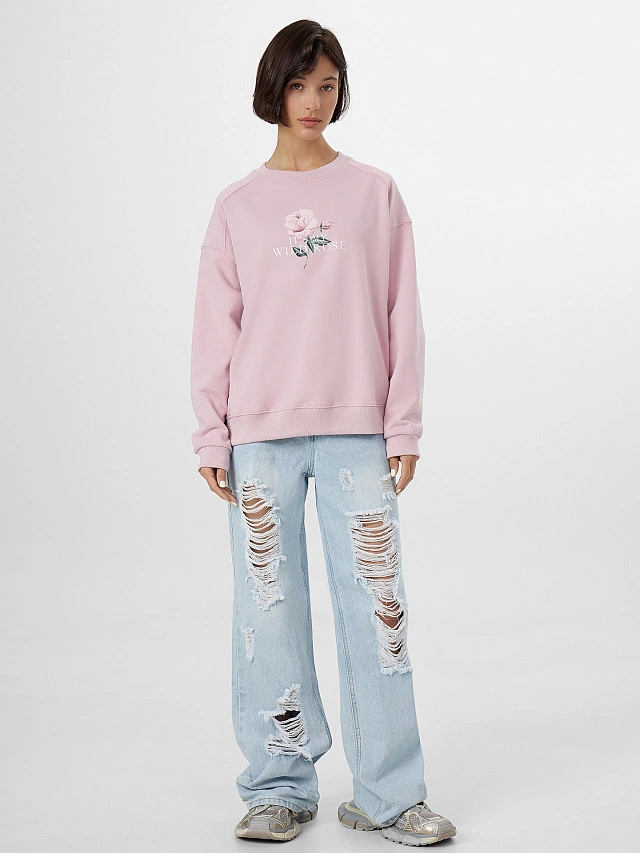 Свитшот женский розовый с принтом и надписью "it's my wild rose" - 4