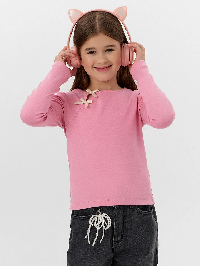 Лонгслив для девочек розовый с бантиками - 6