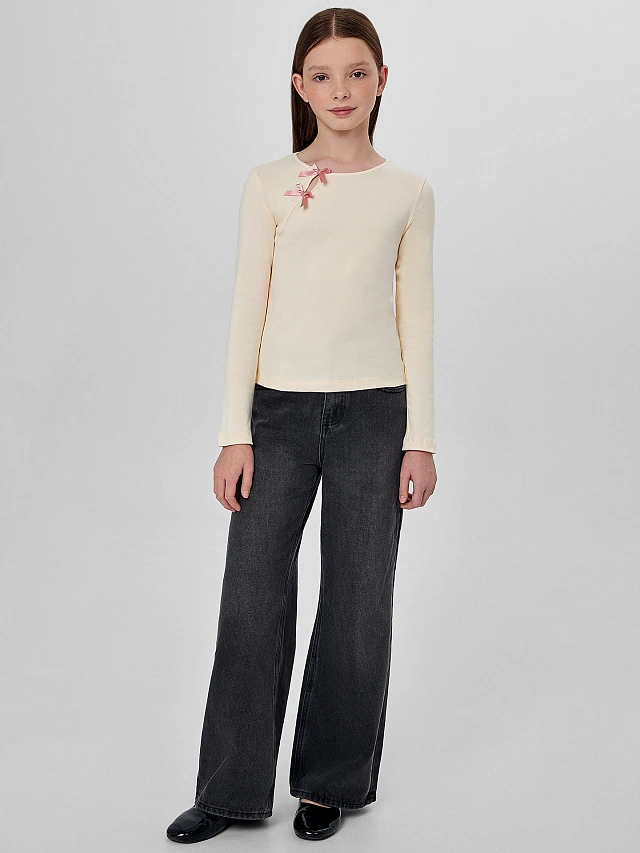 Лонгслив для девочек бежевый с бантиками - 4