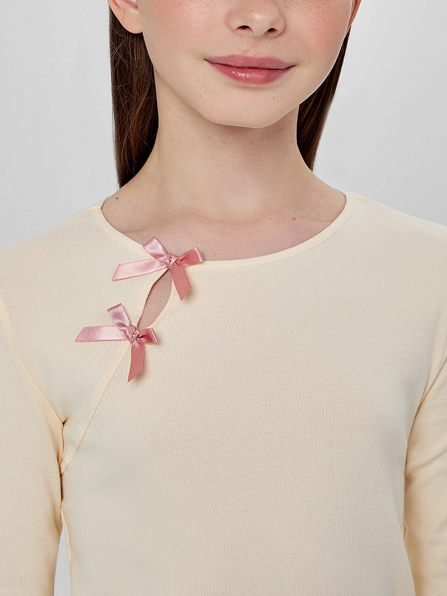 Лонгслив для девочек бежевый с бантиками - 5