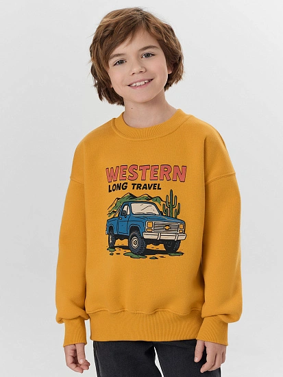 картинка Свитшот для мальчиков оранжевый с надписью "Western long travel" от магазина одежды для мальчиков от бренда Mark Formelle