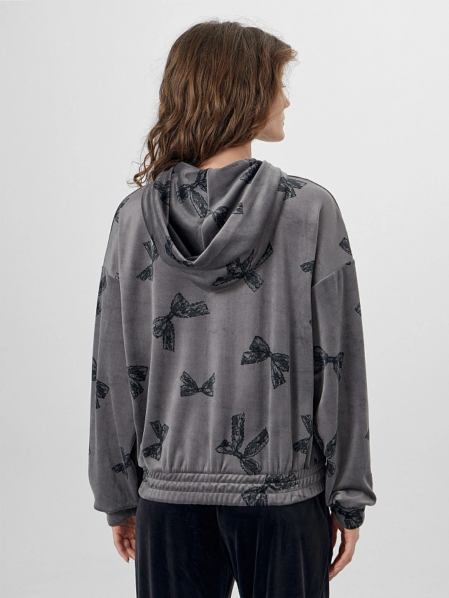 Толстовка женская велюровая серая с узором бантиков - 3