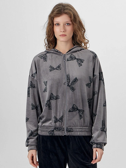 картинка Толстовка женская велюровая серая с узором бантиков от магазина стильной одежды Mark Formelle