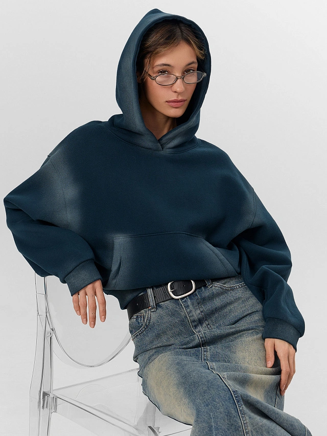 Худи женское зеленое с потертостями - 10