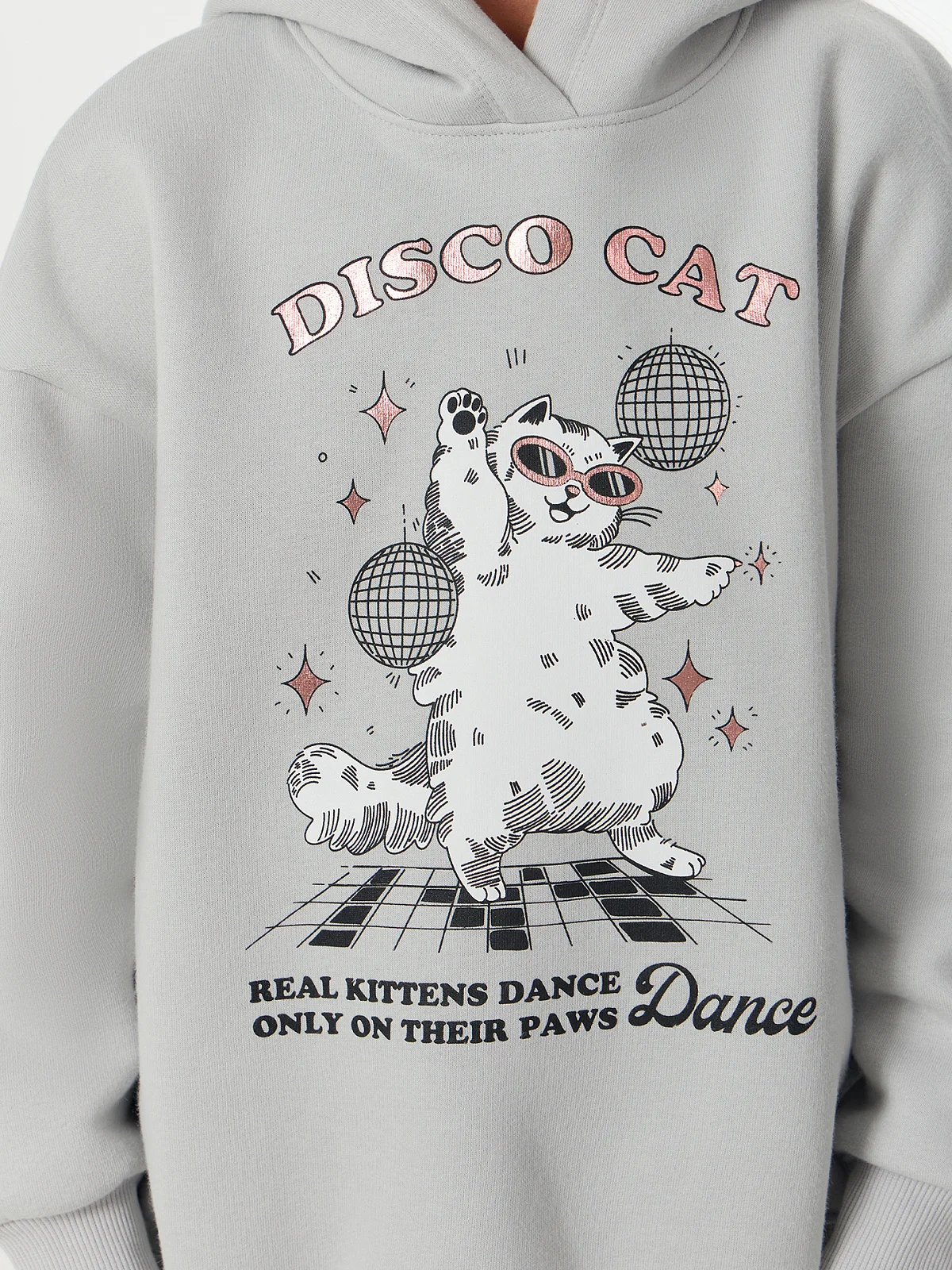 Худи для девочек серое с надписью "Disco cat" - 5