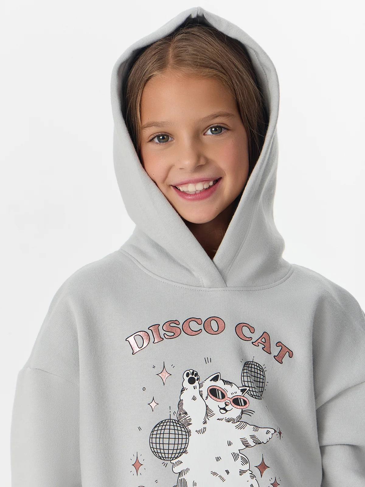 Худи для девочек серое с надписью "Disco cat" - 6