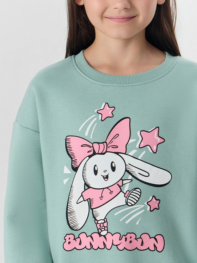 Свитшот для девочек зеленый с надписью "Bunnybun" - 5