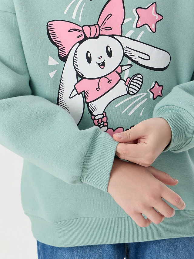 Свитшот для девочек зеленый с надписью "Bunnybun" - 6