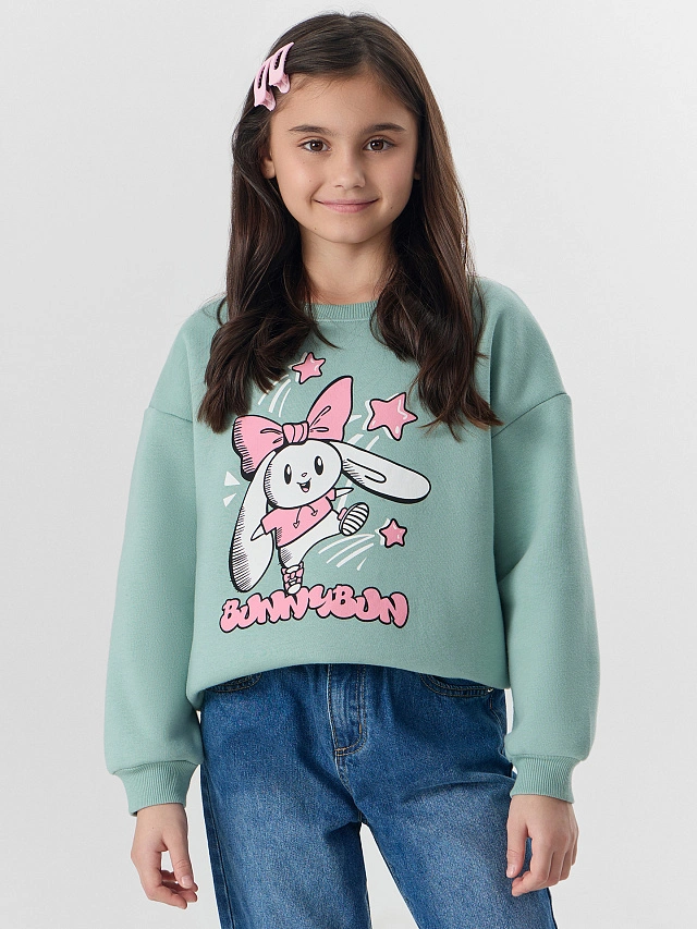 Свитшот для девочек зеленый с надписью "Bunnybun" - 8
